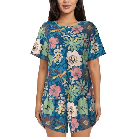 Wukai Colorful Flowers Women's Pajama Set,Short-Sleeve Top and Shorts with Elastic Waistband and Pockets for Loungewear, Yoga, and Casual Wear-Small