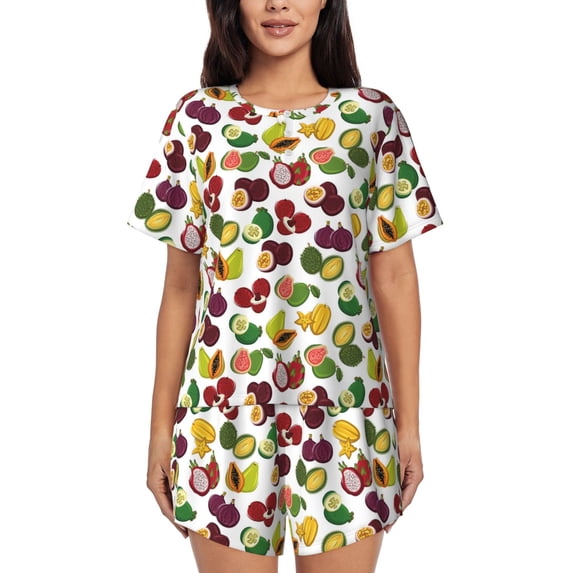 Wukai Colorful Fruits Women's Pajama Set,Short-Sleeve Top and Shorts with Elastic Waistband and Pockets for Loungewear, Yoga, and Casual Wear-XX-Large