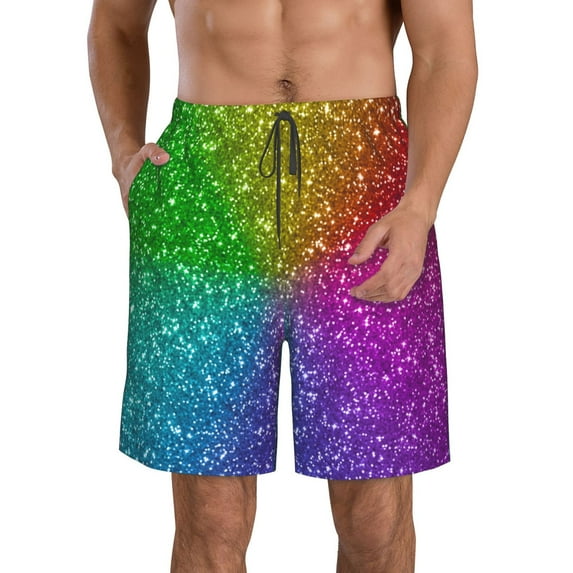 Wukai Colorful Glitter Print Beach Trunks with Compression Liner Swimsuit Quick Dry Beach Sports Shorts with Pocket-Small