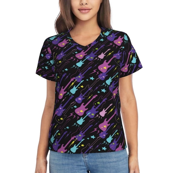 Wukai Colorful Guitar Classic V-Neck T-Shirt for Women: Comfortable, Stylish, and Versatile Wardrobe Essential-Small