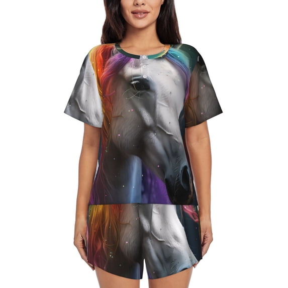 Wukai Colorful Haired White Horse Print Women's Pajama Set - Short-Sleeve Top and Shorts with Elastic Waistband and Pockets for Loungewear, Yoga, and Casual Wear-X-Large