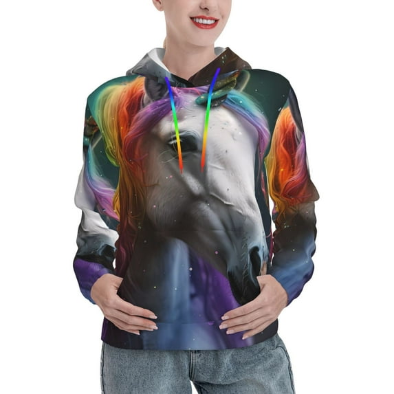 Wukai Colorful Haired White Horse Print Womens Hoodies Fleece Sweatshirts Long Sleeve Sweaters Pullover Fall Outfits Winter Clothes-XX-Large
