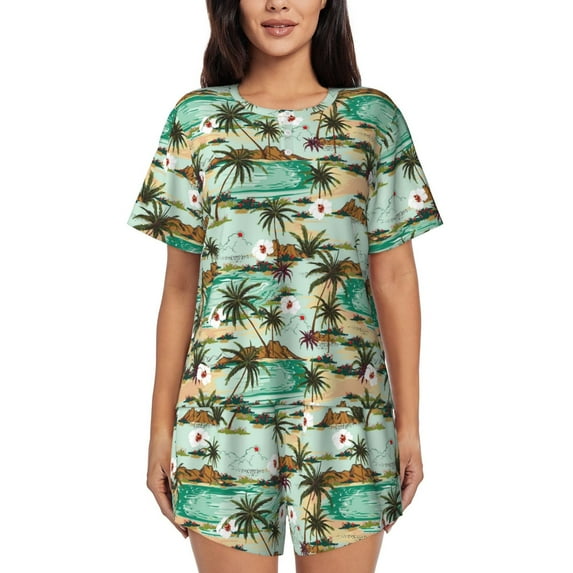 Wukai Colorful Hawaii Palms Women's Pajama Set,Short-Sleeve Top and Shorts with Elastic Waistband and Pockets for Loungewear, Yoga, and Casual Wear-4X-Large