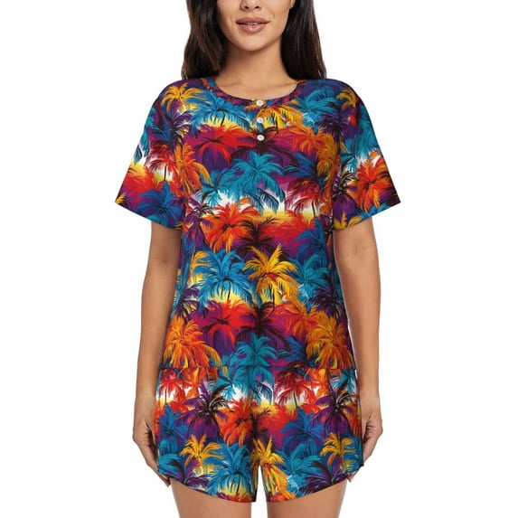 "Wukai Colorful Hawaii Palms Women's Pajama Set - Short-Sleeve Top and Shorts with Elastic Waistband and Pockets for Loungewear, Yoga, and Casual Wear-Small