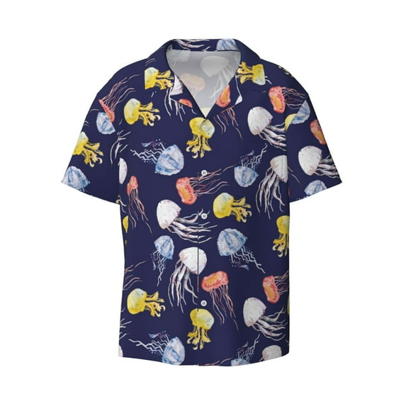 Wukai Colorful Jellyfish Men's Casual Short-Sleeve Button Down Shirt - Lightweight Summer Dress Shirt for Daily Wear-