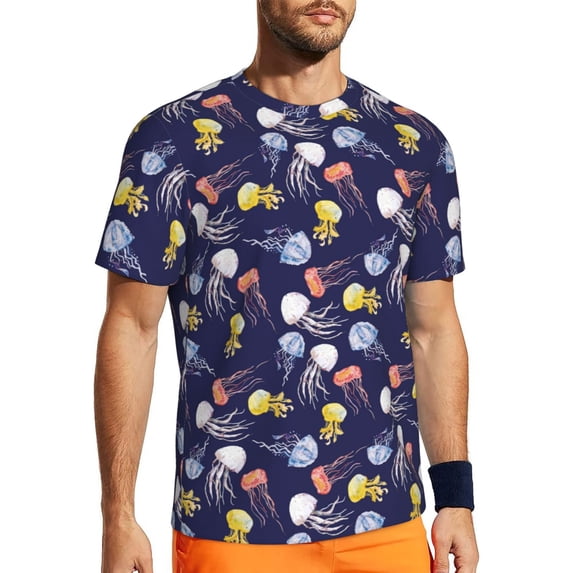 Wukai Colorful Jellyfish Print Men's Short-Sleeved Mesh T-Shirt,Quick-Dry Short Sleeve Workout T-Shirt-X-Small