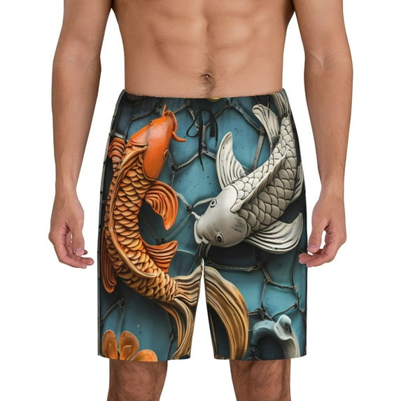 Wukai Colorful Koi Fish Art Men’s Short Pajama Pants With Pockets Soft Sleep Pj Shorts for Men-Large