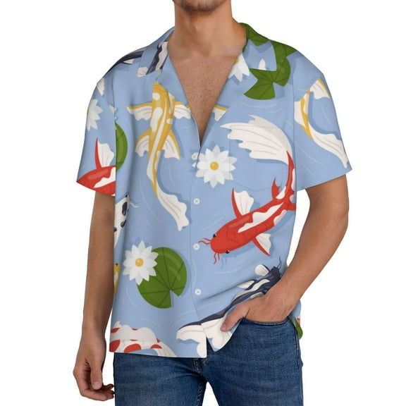 Wukai Colorful Koi Fish Men's Casual Short-Sleeve Button Down Shirt,Cuban Shirts for Men,Mens Short Sleeve Dress Shirts-Small