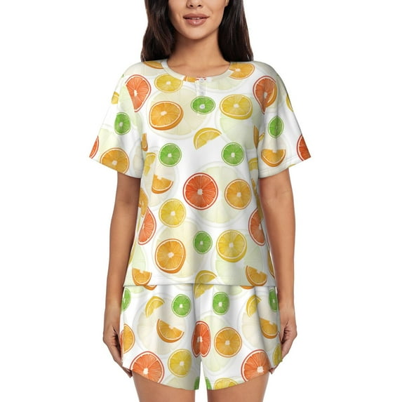 "Wukai Colorful Lemons Women's Pajama Set - Short-Sleeve Top and Shorts with Elastic Waistband and Pockets for Loungewear, Yoga, and Casual Wear-Medium