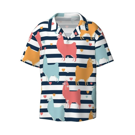 Wukai Colorful Llama Men's Casual Short-Sleeve Button Down Shirt - Lightweight Summer Dress Shirt for Daily Wear-