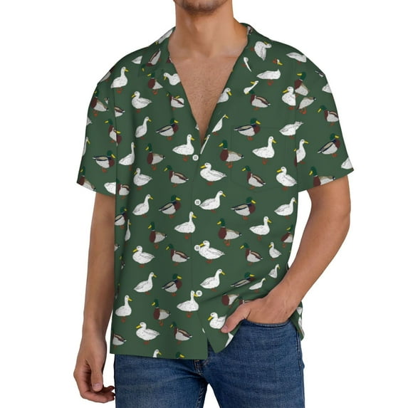 Wukai Colorful Mallard Duck Men's Casual Short-Sleeve Button Down Shirt,Cuban Shirts for Men,Mens Short Sleeve Dress Shirts-Large