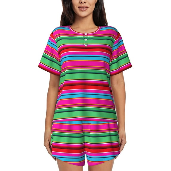 Wukai Colorful Mexican Stripes Women's Pajama Set - Short-Sleeve Top and Shorts with Elastic Waistband and Pockets for Loungewear, Yoga, and Casual Wear-X-Large