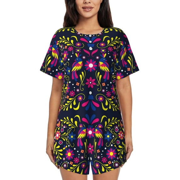 Wukai Colorful Mexican Women's Pajama Set,Short-Sleeve Top and Shorts with Elastic Waistband and Pockets for Loungewear, Yoga, and Casual Wear-3X-Large