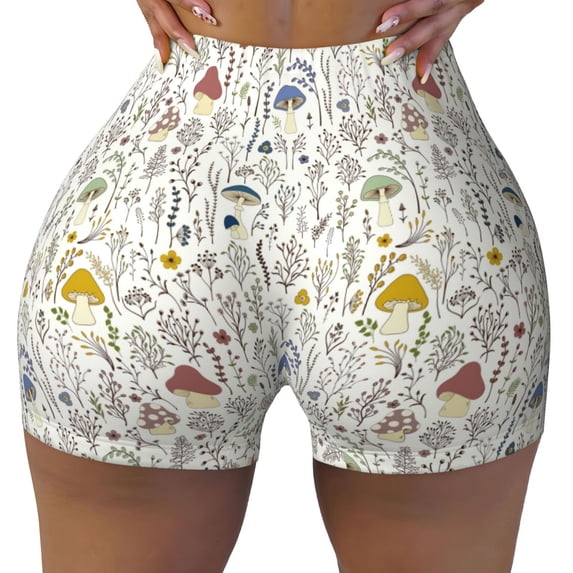 Wukai Colorful Mushrooms and Plants Print Pack Biker Shorts for Women Yoga Workout Gym Running Scrunch Active Shorts-Small