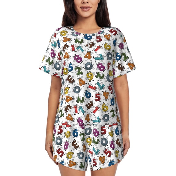 Wukai Colorful Numbers Women's Pajama Set,Short-Sleeve Top and Shorts with Elastic Waistband and Pockets for Loungewear, Yoga, and Casual Wear-XX-Large