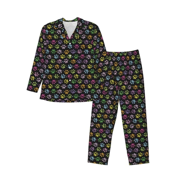 Wukai Colorful Paw Men's Long Sleeve Pajama Set,Long Sleeve Mens Sleepwear with Pockets & Front Fly-Large