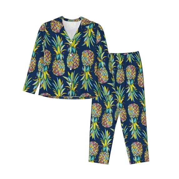 Wukai Colorful Pineapples Print Women's Pajama Set - Soft Long Sleeve Sleepwear for Comfort and Style-X-Large