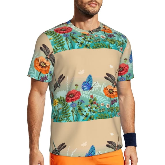 Wukai Colorful Plants And Insects Print Men's Short-Sleeved Mesh T-Shirt,Quick-Dry Short Sleeve Workout T-Shirt-X-Small
