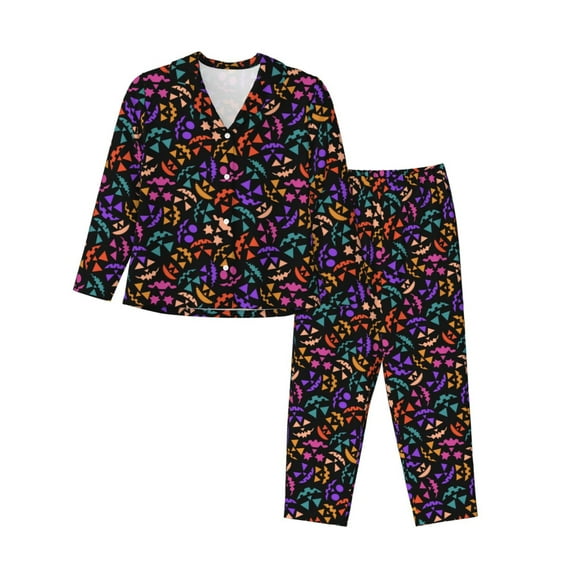 Wukai Colorful Pumpkin Faces Print Women's Pajama Set,PJ Set,Lounge Sets For Women Soft Long Sleeve Sleepwear Comfort and Style-XX-Large