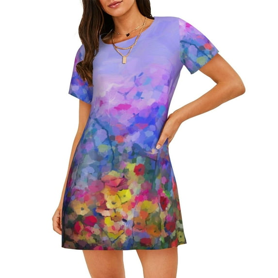Wukai Colorful Purple Cosmos Flower Print Women's Loose Short Sleeve Nightgown, Soft Sleep Dress for Comfortable Relaxation, Casual Lounge Wear
