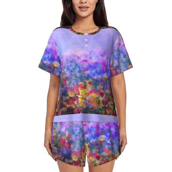 Wukai Colorful Purple Cosmos Flower Print Women's Pajama Set - Short-Sleeve Top and Shorts with Elastic Waistband and Pockets for Loungewear, Yoga, and Casual Wear-4X-Large