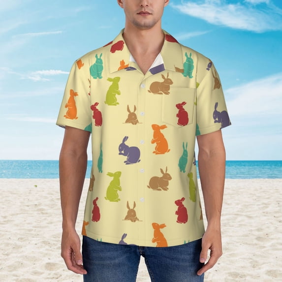 Wukai Colorful Rabbit Men's Hawaiian Shirt Short Sleeve Casual Button Down Summer Beach Aloha Shirt Tropical Print Holiday Party