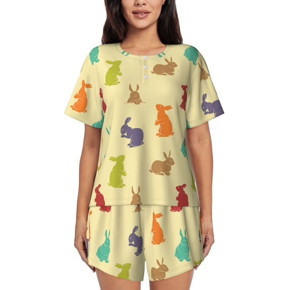 "Wukai Colorful Rabbit Women's Pajama Set - Short-Sleeve Top and Shorts with Elastic Waistband and Pockets for Loungewear, Yoga, and Casual Wear-X-Large