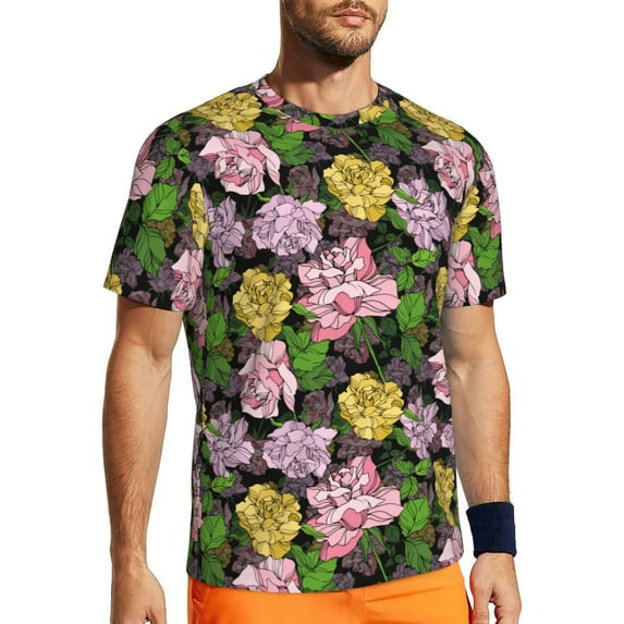 Wukai Colorful Roses Print Men's Short-Sleeved Mesh T-Shirt,Quick-Dry Short Sleeve Workout T-Shirt-5X-Large