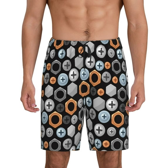 Wukai Colorful Screws Men’s Short Pajama Pants With Pockets Soft Sleep Pj Shorts for Men-Medium