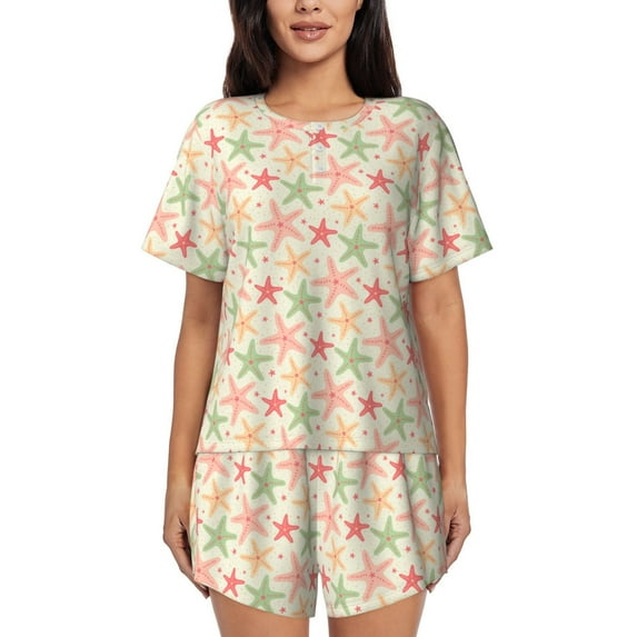 Wukai Colorful Starfish Print Women's Pajama Set - Short-Sleeve Top and Shorts with Elastic Waistband and Pockets for Loungewear, Yoga, and Casual Wear-Medium