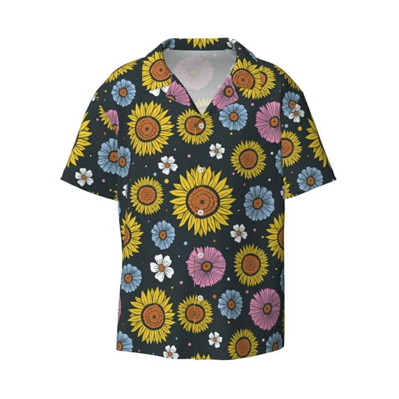 Wukai Colorful Sunflowers Men's Casual Short-Sleeve Button Down Shirt - Lightweight Summer Dress Shirt for Daily Wear-