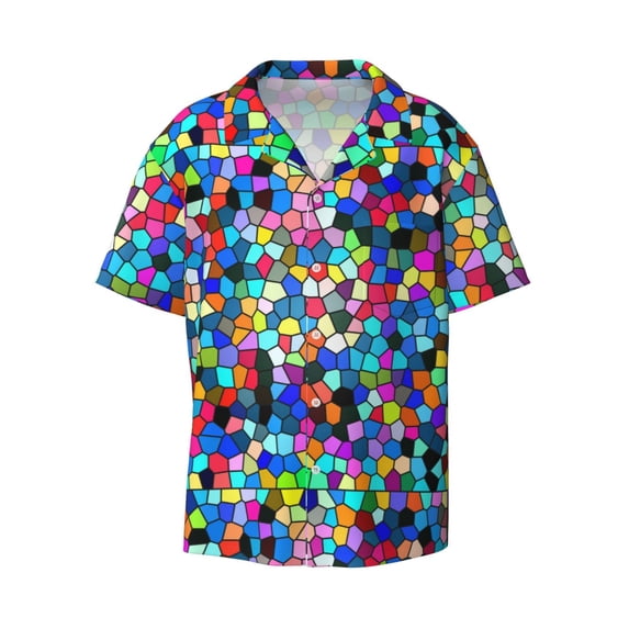 Wukai Colorful Tie Dye Stained Glass 2 Men's Casual Short-Sleeve Button Down Shirt - Lightweight Summer Dress Shirt for Daily Wear-4X-Large