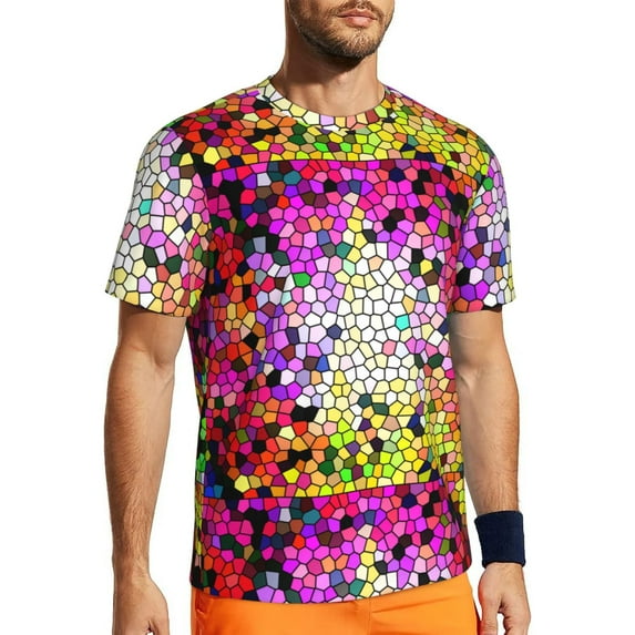 Wukai Colorful Tie Dye Stained Glass 3 Print Men's Short-Sleeved Mesh T-Shirt,Quick-Dry Short Sleeve Workout T-Shirt-XX-Large