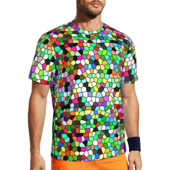 Wukai Colorful Tie Dye Stained Glass Print Men's Short-Sleeved Mesh T-Shirt,Quick-Dry Short Sleeve Workout T-Shirt-Large