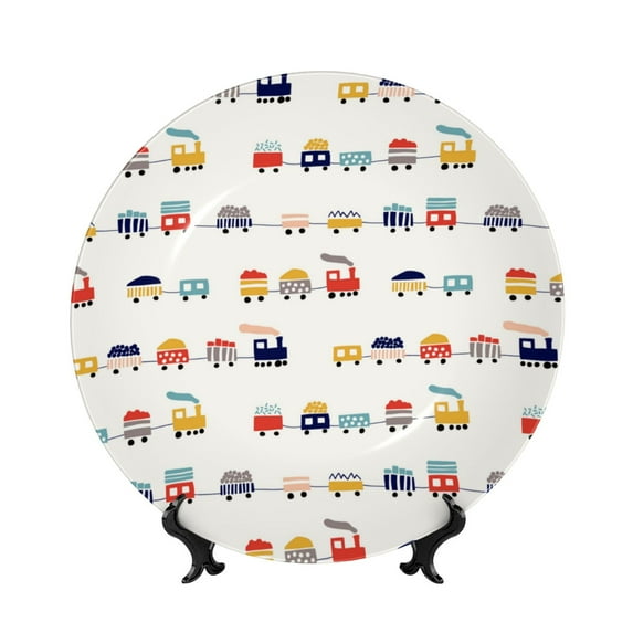 Wukai Colorful Trains Print Decorative Plate for Display,Bone China Decorative Plate, Ceramic Dinner Plate with Stand, Vertical Ceramic Plate-6in