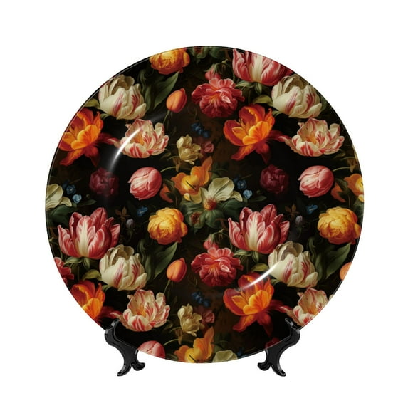Wukai Colorful Tulips Print Decorative Plate for Display,Bone China Decorative Plate, Ceramic Dinner Plate with Stand, Vertical Ceramic Plate-10in