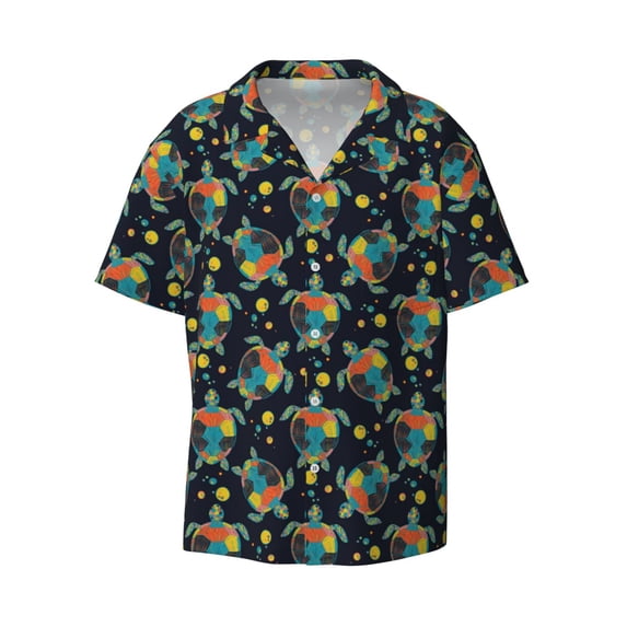 Wukai Colorful Turtles Men's Casual Short-Sleeve Button Down Shirt - Lightweight Summer Dress Shirt for Daily Wear-Small