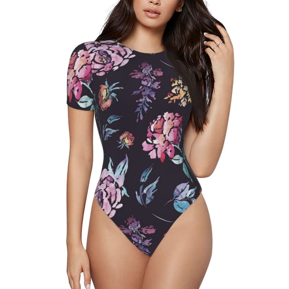 Naloa Roses Flowers Women's Short-Sleeved Onesie, One-Piece Swimsuit for Parties, dates, clubs - Medium