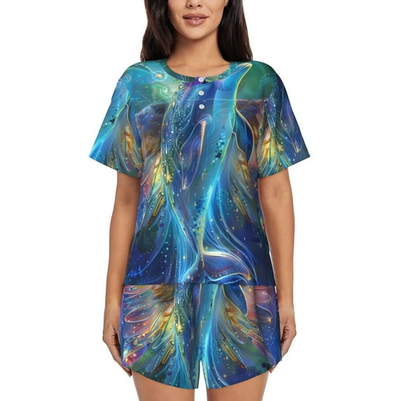 Wukai Colorful Winged Dolphin Print Women's Pajama Set - Short-Sleeve Top and Shorts with Elastic Waistband and Pockets for Loungewear, Yoga, and Casual Wear-4X-Large