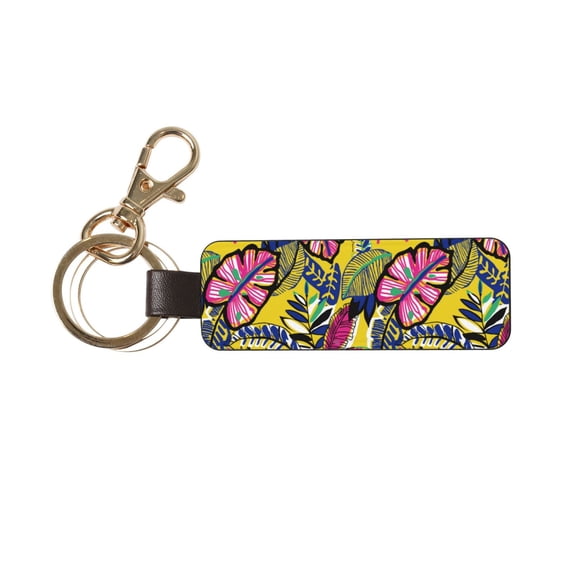 Wukai Colrful Tropical Leaves Print Leather Car Keychain, Universal Key Fob Keychain, Leather Key Chain Holder for Men and Women,360 Degree Rotatable