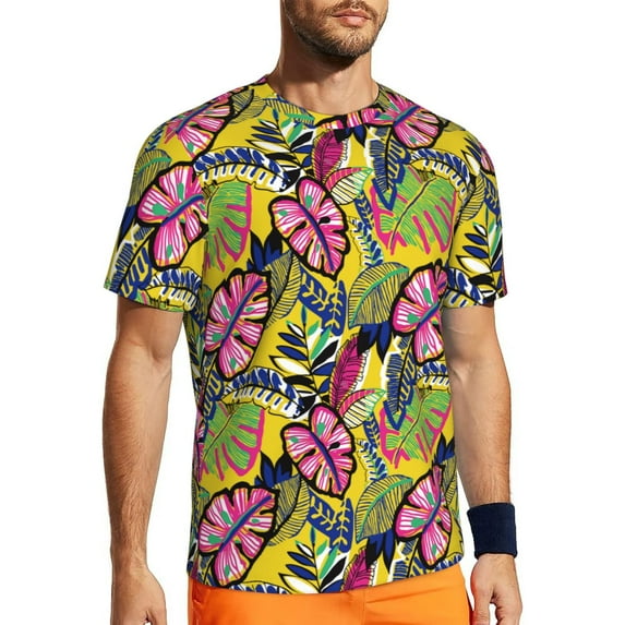 Wukai Colrful Tropical Leaves Print Men's Short-Sleeved Mesh T-Shirt,Quick-Dry Short Sleeve Workout T-Shirt-5X-Large