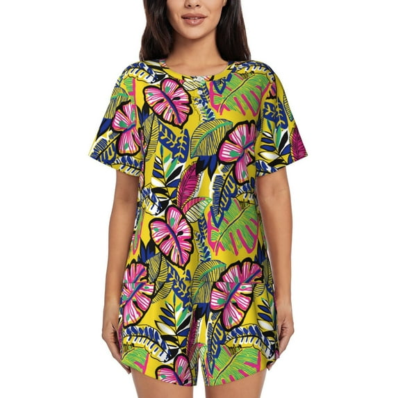 Wukai Colrful Tropical Leaves Women's Pajama Set,Short-Sleeve Top and Shorts with Elastic Waistband and Pockets for Loungewear, Yoga, and Casual Wear-XX-Large