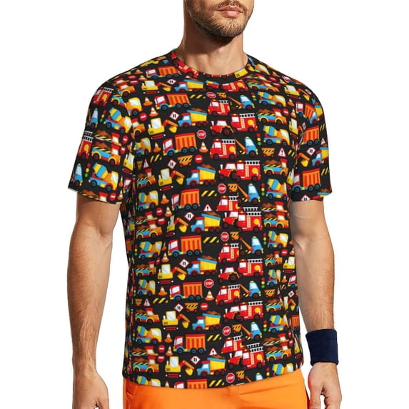 Wukai Construction Truck Print Men's Short-Sleeved Mesh T-Shirt,Quick-Dry Short Sleeve Workout T-Shirt-X-Large