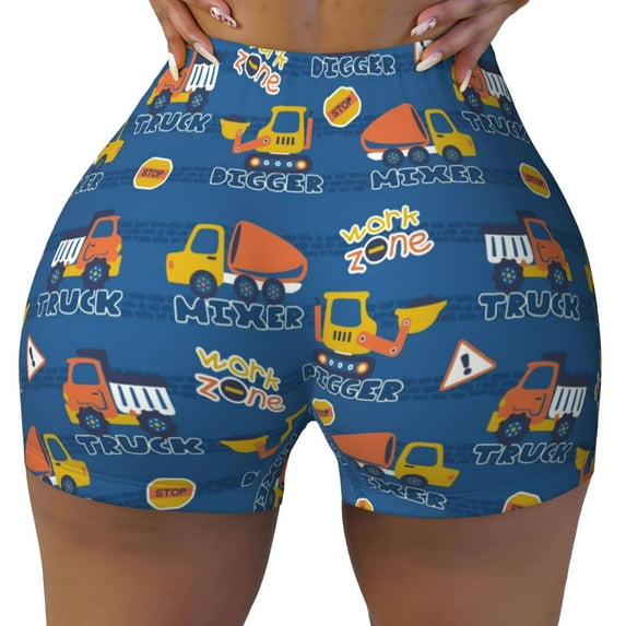 Wukai Construction Vehicles Print Pack Biker Shorts for Women Yoga Workout Gym Running Scrunch Active Shorts-X-Large