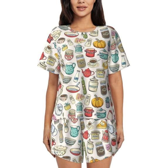 Wukai Cooking Utensils Women's Pajama Set,Short-Sleeve Top and Shorts with Elastic Waistband and Pockets for Loungewear, Yoga, and Casual Wear-Small