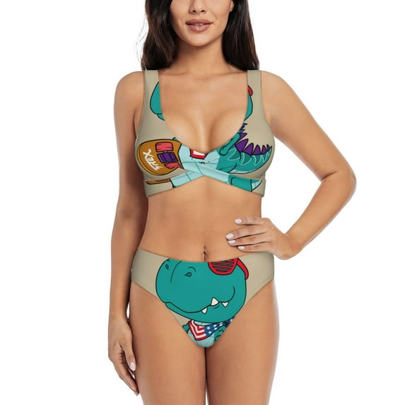 Wukai Cool Dino Playing Skateboard Women's Bikini Set Two Piece,wimsuit High Waisted V Neck Twist Front Adjustable Spaghetti Straps Bathing Suit-Large