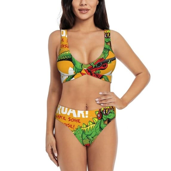Wukai Cool Dinosaur Playing Guitar Women's Bikini Set Two Piece,wimsuit High Waisted V Neck Twist Front Adjustable Spaghetti Straps Bathing Suit-