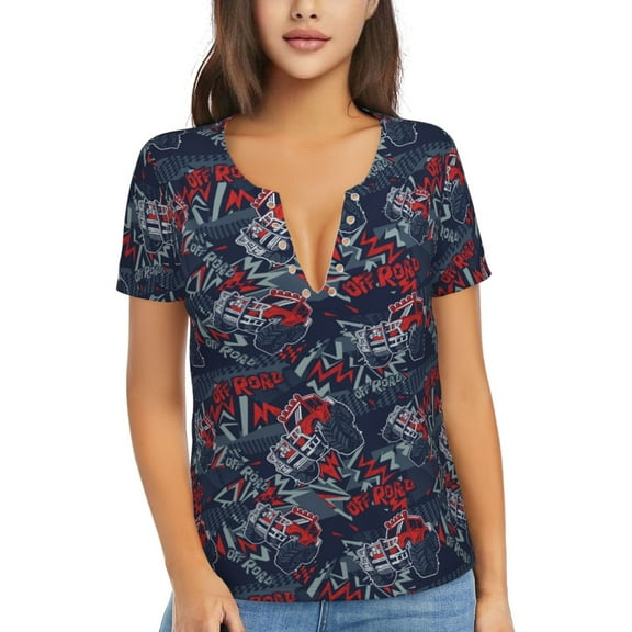 Wukai Cool Red Off-Road Vehicle Casual V-Neck Graphic Tees for Women: Lightweight and Breathable Summer Tops with Stylish Design-XX-Large