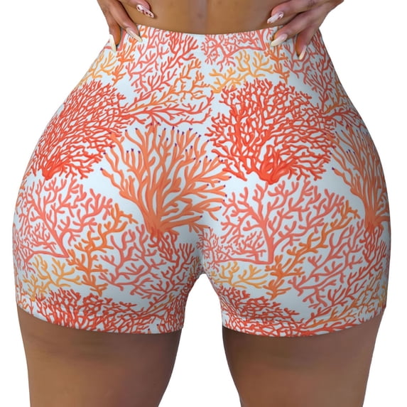 Wukai Corals Print Pack Biker Shorts for Women Yoga Workout Gym Running Scrunch Active Shorts-Medium