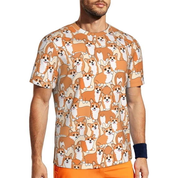 Wukai Corgi Animal Print Men's Short-Sleeved Mesh T-Shirt,Quick-Dry Short Sleeve Workout T-Shirt-Small